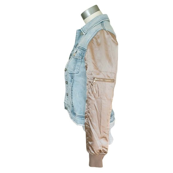 GENERATION LOVE Georgie satin sleeve distressed denim jeans jacket Size XS NEW - Picture 2 of 7